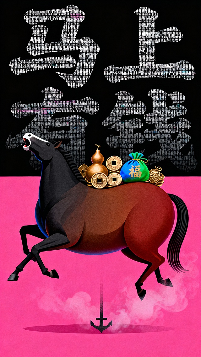 国潮风插画，拟人化骏马驮福袋与铜钱，背景代码云朵呼应数字时代，霓虹粉红底色强化喜庆感，印刷风文字点缀，融合传统与未来。