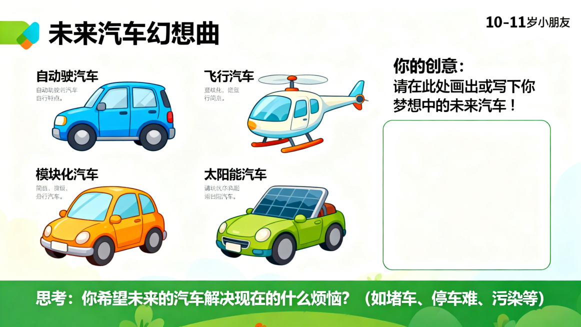 卡通风格PPT页面，主题是未来汽车幻想曲，展示自动驾驶汽车、飞行汽车、模块化汽车、太阳能汽车的创意卡通插图，每个车型配简短的特点说明，右侧预留空白区域标注“你的创意：请在此处画出或写下你梦想中的未来汽预览效果
