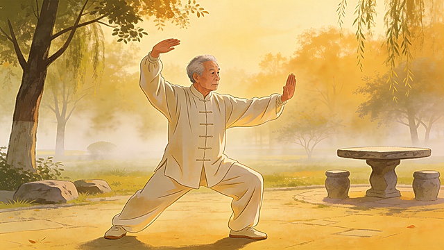 中老年人太极运动主题手绘插画，展示中老年人公园打太极的舒缓场景，体现适合中老年人的低强度运动健康理念，手绘插画风格，宁静祥和，画面无任何文字