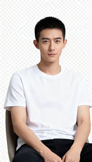 透明背景，一位穿白色T恤的短发男士，腰背挺直正坐在椅子上，目视前方，双手整齐放在大腿上，全身高清人像图片，画质清晰自然预览效果