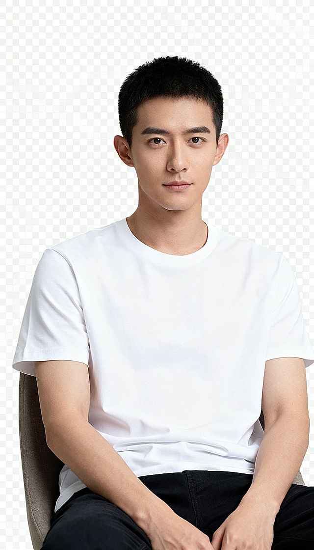 透明背景，一位穿白色T恤的短发男士，腰背挺直正坐在椅子上，目视前方，双手整齐放在大腿上，全身高清人像图片，画质清晰自然