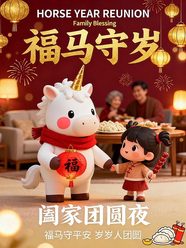 软3D风格融合国潮元素，拟人化福马与小女孩温馨牵手，鎏金灯笼与喜庆红围巾营造浓厚年味，卡通感十足的全家团圆场景传递新春祝福。
