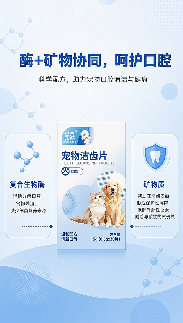 [商品] 使用【图1】宠物洁齿片盒装正面产品；保留白色盒身、顶部蓝色品牌区「贝思倍健 虎跃」及卡通医生形象、蓝色大标题「宠物洁齿片」、英文副标题「TEETH CLEANSING TABLETS」、蓝色爪印图标「宠物用」、猫狗低多边形插画、左下角「温和配方 清新口气」、右下角「净含量 15g(0.5g×30片)」；产品正面完整朝向观众，盒身结构、比例、颜色、材质、文字全部保真，不做任何改写替换。
[画面] 页面目标：成分卖点页，突出「酶+矿物协同，呵护口腔」核心卖点；构图：上标题下产品+左右分栏卖点，顶部标题区，中部偏下为产品主体，产品两侧或下方分布两个成分卖点卡片；主体占比约45%，产品居中偏下放置；阅读动线从上至下、从中间向两侧；前景为浅蓝渐变底+扁平分子结构/圆形几何装饰，中景为产品+两个信息卡片，背景为浅蓝白色渐变；整体为简约扁平插画风格，用分子球、盾牌等扁平图标象征成分功效。
[视觉] 套系策略：风格=简约扁平风格，几何化图形，干净清爽；标题字=粗体无衬线中文字，方正有力；正文字=常规无衬线中文字；主色=白色+包装蓝色（#2B7CD3左右的明亮蓝色）；背景延展=从浅蓝到白色的柔和线性渐变，搭配半透明蓝色圆形、圆点纹理、分子结构线条等扁平几何装饰；强调色=同色系深蓝，仅用于小面积图标、引线和标签；标题色=深蓝色；正文色=中蓝色/深灰色；组件=圆角蓝色信息卡、细线图标、扁平几何装饰；光影=扁平无阴影，仅用色块层次区分，整体明亮干净。
[文字] 顶部居中主标题「酶+矿物协同，呵护口腔」，字号大，深蓝色粗体；主标题下方可加一行小字副标题，字号较小；画面中部左右各一个圆角信息卡：左侧卡片标题「复合生物酶」，蓝色粗体，下方说明「辅助分解口腔食物残渣，减少细菌营养来源」，深灰色；右侧卡片标题「矿物质」，蓝色粗体，下方说明「帮助在牙齿表面形成保护性屏障，抵御外源性色素附着与酸性物质侵蚀」，深灰色；两个卡片可用分子图标和盾牌图标分别点缀；文字区不遮挡产品包装盒主体；所有文字横向排版，层级清晰，移动端可读。
[规格] 图片比例9:16竖版，4K分辨率，淘宝/天猫详情页适配；负向提示：避免产品变形、文字错乱、盒身文字被遮挡、真实摄影质感、复杂纹理、人物出现、竖排文字、文字过小、颜色偏离包装蓝色、多余装饰元素杂乱、医疗化功效承诺。