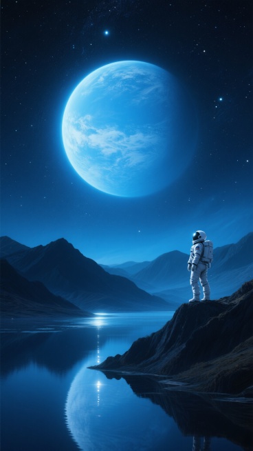 超写实风格的宇宙景观，深邃的星空背景点缀着无数闪烁的星辰，巨大的蓝色星球占据画面上方中央位置，表面呈现细腻的云层纹理和渐变的蓝色光晕，下方是层峦叠嶂的深色山脉剪影，山脚下是泛着微光的平静水面，水面倒映着星球的光芒，整体色调以深蓝、靛蓝、湖蓝为主，营造出神秘而宁静的宇宙氛围，画面右下角有一位身着白色宇航服的宇航员，他正站在山脊上仰望星球，宇航服细节清晰可见，头盔反射着星光，构图采用三分法，星球、……预览效果