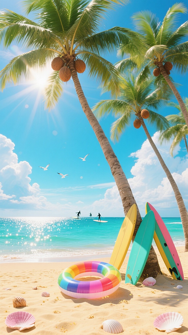 广角低角度视角，盛夏正午的热带海湾，天空被渲染成渐变的天蓝色，点缀着被阳光穿透的棉花糖般的积云，海面在强光下闪烁着千万颗碎钻般的光芒，呈现从透明浅蓝到靛蓝的层次感，金色沙滩上散落着粉白相间的贝壳和一个半埋在沙中的彩虹色充气游泳圈，五棵高大的棕榈树倾斜着向海面伸展，枝叶间悬挂着几个熟透的棕色椰子，三个彩色冲浪板斜靠在树干上，远处海面上有两个小小的冲浪者剪影，几只海鸥在热气流中盘旋，空气中漂浮着细微的金色尘埃，整体色调是明亮的绿松石蓝与阳光黄的交响，洋溢着海洋的咸湿气息与无尽的夏日自由。