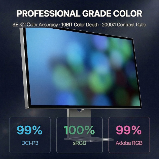 美化一下产品边缘，使显示器支架与文字框交叉部分过渡自然，保留所有文字信息和产品整体构图，保留原来的画面效果预览效果