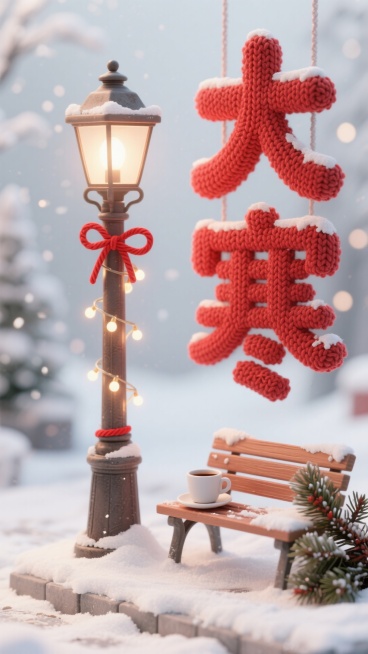 画面右侧是红色针织 “大寒” 立体字（系红绳绑在复古路灯杆），下方雪地长椅放热饮杯，旁堆松枝，灯杆缠小灯串，配色红白 + 浅灰，复古暖调。预览效果