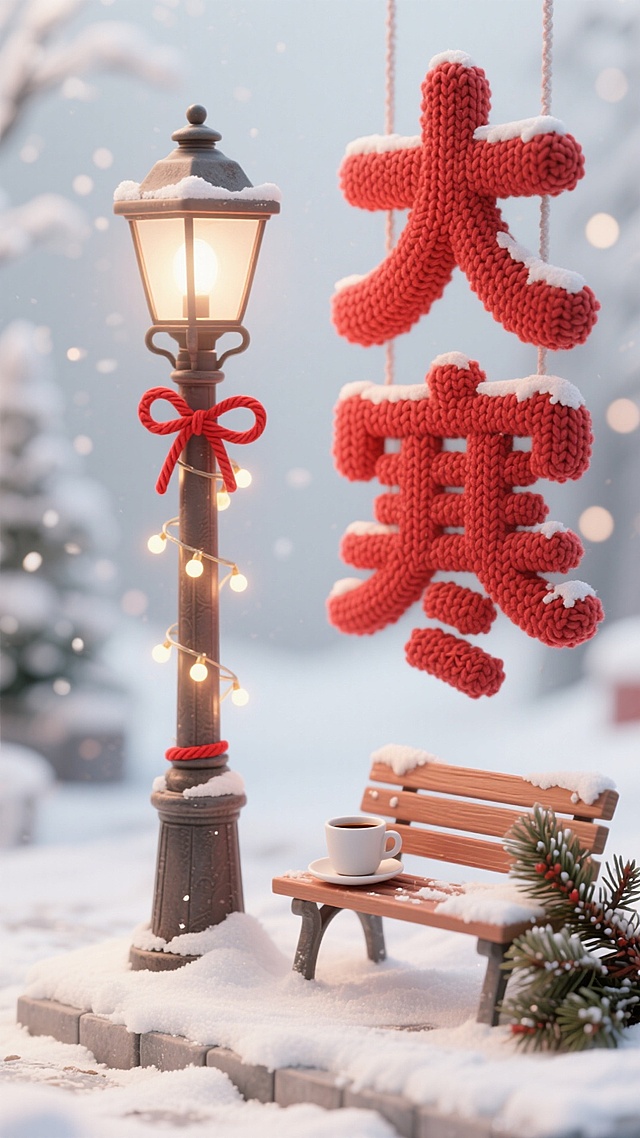 画面右侧是红色针织 “大寒” 立体字（系红绳绑在复古路灯杆），下方雪地长椅放热饮杯，旁堆松枝，灯杆缠小灯串，配色红白 + 浅灰，复古暖调。