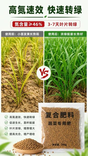 [第3屏] 高氮速效卖点详解-通用复合肥功效展示。本屏使用【图1】产品图搭配效果对比示意图。
[氛围/风格] 专业对比风，清晰直观，突出功效差异，农业实用质感。
[元素布局] 顶部主标题区，中部左右分预览效果