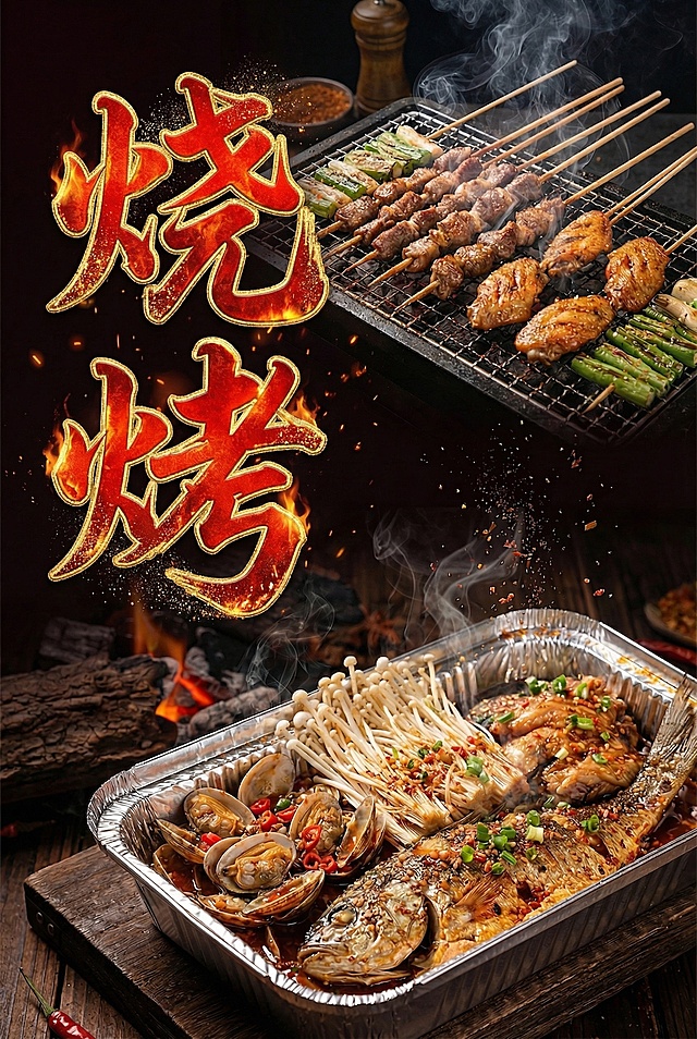 修改图片中的"烧烤"两个白色文字，设计成创意艺术字，整体呈现出红红火火的视觉效果，文字主体为鲜红色，带有金色描边和闪亮点缀，保留文字竖排结构，保持背景和烧烤食物不变，整体风格喜庆热烈，画质高清