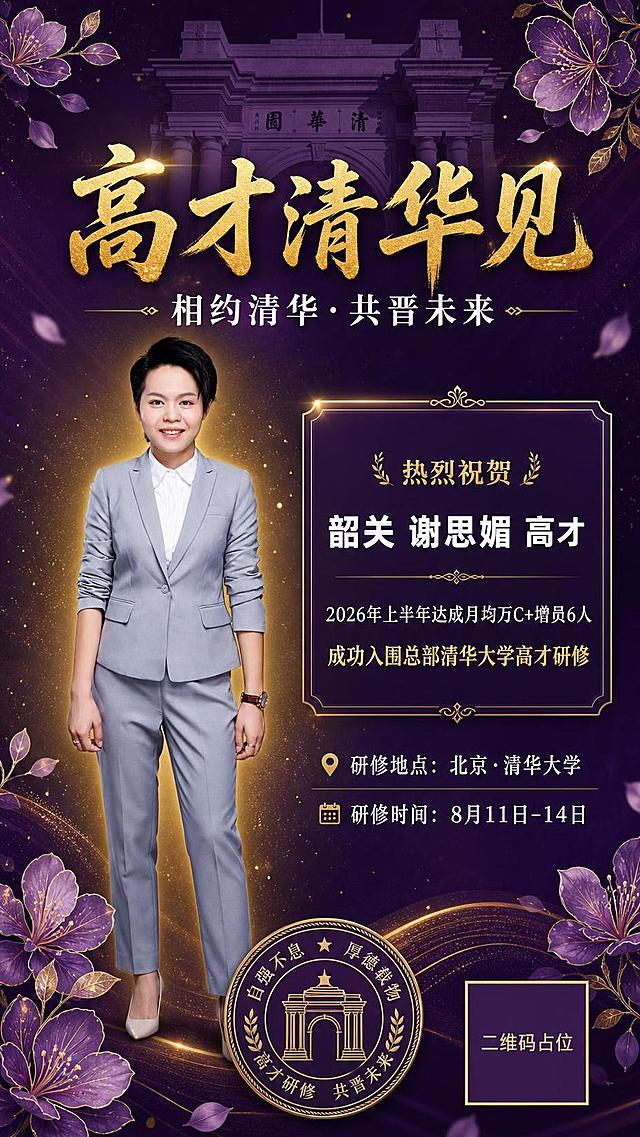 竖版荣誉喜报海报，9:16比例，高端商务学院风，紫金配色（深紫色为主，金色点缀），庄重荣耀感。画面中央偏上位置大标题"高才清华见"，金色大气书法字体。标题下方副标题"相约清华·共晋未来"，白色衬线字体。画面中部左侧为入围人物形象照（保留人物面部和灰色西装，人物清晰完整，专业自信微笑），右侧为信息卡片区域。信息卡片内容从上到下："热烈祝贺"金色小字，"韶关 谢思媚 高才"加粗白色大字，"2026年上半年达成月均万C+增员6人"白色说明文字，"成功入围总部清华大学高才研修"金色重点文字。卡片下方标注"研修地点：北京·清华大学"和"研修时间：8月11日-14日"。背景融入清华大学元素：顶部隐约可见清华二校门剪影，四周有紫荆花花瓣装饰，底部有清华校徽风格的圆形徽章装饰，整体渐变深紫色背景，金色光效点缀，光晕环绕人物，营造荣耀庄重氛围。版式精美，层级分明，四周留安全边距。画面中所有数字必须精确渲染，不得错位、遗漏或编造。画面中所有信息区域必须填充完整合理内容，不得出现空白框、空白占位。画面中所有二维码区域使用纯色方块占位符呈现，方块中央标注"二维码占位"文字，严禁生成任何可识别的二维码图案。