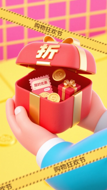 双手捧着的烫金纹红色礼盒（盒盖 “折” 字），礼盒打开后露出满溢的限时优惠券、金币与小礼盒，装饰带有黄色 “购物狂欢节” 警示带元素，背景为黄粉网格渐变，热闹的促销氛围预览效果