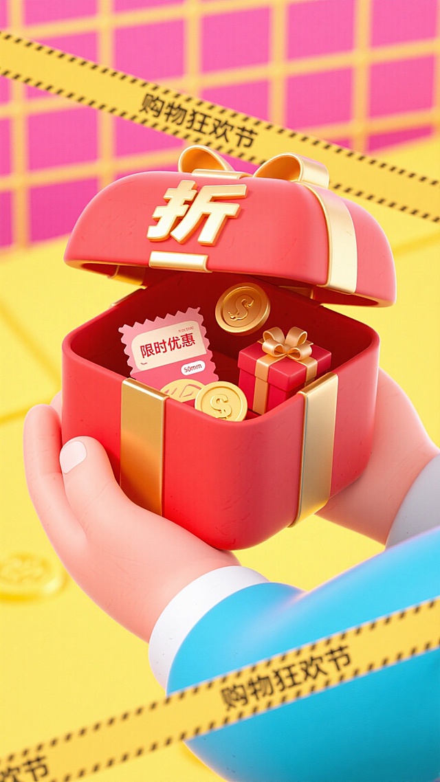 双手捧着的烫金纹红色礼盒（盒盖 “折” 字），礼盒打开后露出满溢的限时优惠券、金币与小礼盒，装饰带有黄色 “购物狂欢节” 警示带元素，背景为黄粉网格渐变，热闹的促销氛围