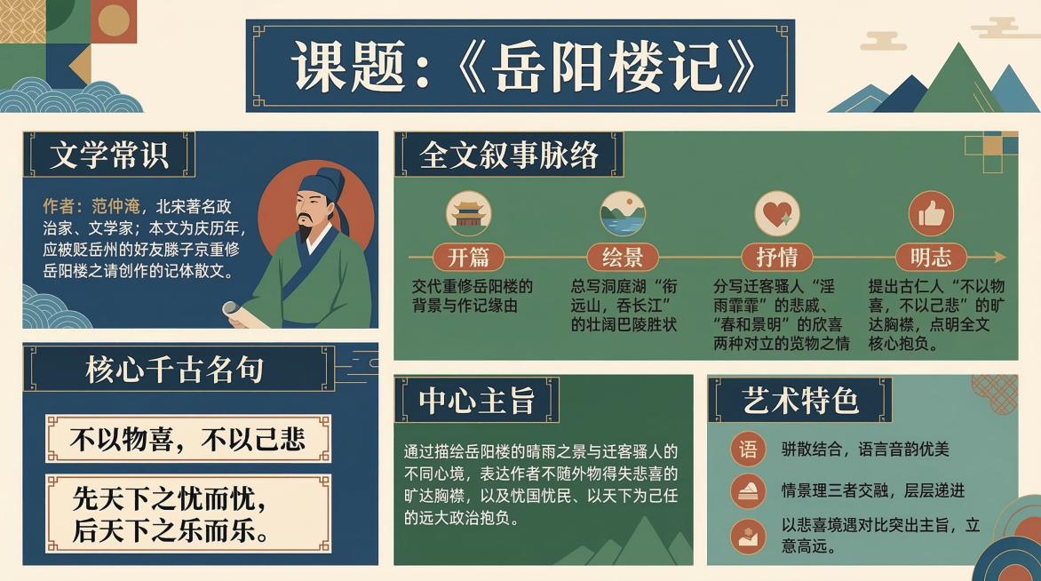 国风扁平化设计的《岳阳楼记》初中语文知识点信息图，分块清晰，内容严谨，适配语文教学课件与课堂展示使用。画面包含模块：1.课题：《岳阳楼记》。2.文学常识：作者范仲淹，北宋著名政治家、文学家；本文为庆历预览效果