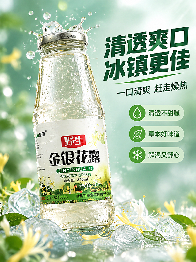 [商品] 使用【图1】花晓野生金银花露340ml玻璃瓶装；保留瓶身所有结构、材质、标签文字和Logo；产品呈略微仰视角度，展现瓶身通透质感。
[画面] 目标：冰感清爽质地特写，突出饮品清透、冰镇解渴的口感联想。构图：产品居中偏左，占画面55%，瓶身布满细密冷凝水珠，瓶口处有冰块和飞溅的透明液体水滴，营造冰镇清凉感。背景为淡蓝绿色渐变虚化，有柔和的光斑和水汽朦胧感。前景有散落的小冰块和金银花花瓣。≥3层视觉层次（前景冰块花瓣/中景产品瓶身/后景虚化光斑水汽）。
[视觉] 套系策略：风格=拼多多接地气商业摄影，清爽草本氛围感；标题字=粗黑体大字报风格，厚重醒目；正文字=简洁无衬线体；主色=清新草绿+纯白；背景延展=基于草绿做深浅渐变、同色层级和细腻水润质感；强调色=暖橙红，仅用于小面积促销标签、价格标和重点高亮；标题色=深墨绿+白色反白；正文色=深灰绿；组件=圆角绿色信息卡、红色促销胶囊标签、细线引线；光影=侧逆光勾勒瓶身轮廓，瓶内液体通透有光感，水珠晶莹剔透。
[文字] 右上主标题："清透爽口 冰镇更佳"（粗黑体，深墨绿色）；副标题："一口清爽 赶走燥热"（中号字，深灰绿）；右侧中部3个口感短句："清透不甜腻""草本好味道""解渴又舒心"（绿色小图标+文字，竖向排列）。所有文字横排，位于画面右侧，不遮挡瓶身主体和水珠细节。
[规格] 图片比例3:4竖版，4K分辨率，负向提示：避免变形、错字、文字过小、瓶身标签模糊、液体颜色发黄、医疗功效表述、极限词。