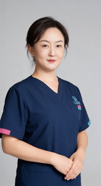 参考图中保留人物脸型、发型、年龄等特征生成职场执业形象照，保留原深蓝色医护服装不变，标准焦段50mm,f/4光圈(f/2.8-f/4区间),平视视角(镜头与人物视线齐平);人物占画面70%,人物居中(预览效果