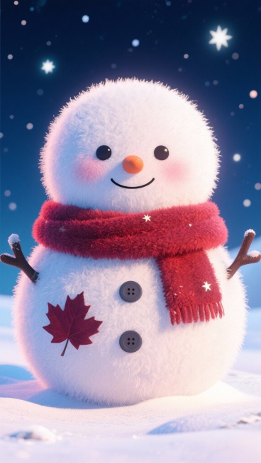 宁静雪地中一个安详的雪人，，围着永不凋零的深红枫叶围巾，胸前纽扣是三颗迷路的北极星，在深蓝星空下收集梦境，柔光，平和，迷人，静谧童话绘画风格。整体3D毛绒风格。预览效果