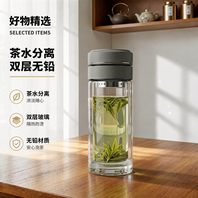 保持当前玻璃泡茶杯产品图不变，优化文字排版，将左侧竖排的文字改为整齐美观的排版，整体设计协调舒适，适合电商主图使用预览效果