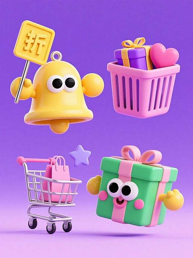 4个物品组合，每组素材独立显示，紫色背景，上下两行，排列整齐。第一个：主体为拟人化黄色铃铛造型（顶部有金属环，两侧有黄色球状手臂，有着大大的黑白圆眼）手持黄色圆形 “折” 字牌子；第二个：粉色购物篮，购物篮内放置紫礼物盒和粉色爱心；第三个：粉色购物车两侧各延伸短粗粉色拟人化小手臂，车旁漂浮浅紫星星和粉购物袋（袋口微开）；第四个：绿色礼盒，带有大大的黑白圆润眼睛，粉色圆形软萌腮红，粉色圆形嘴部