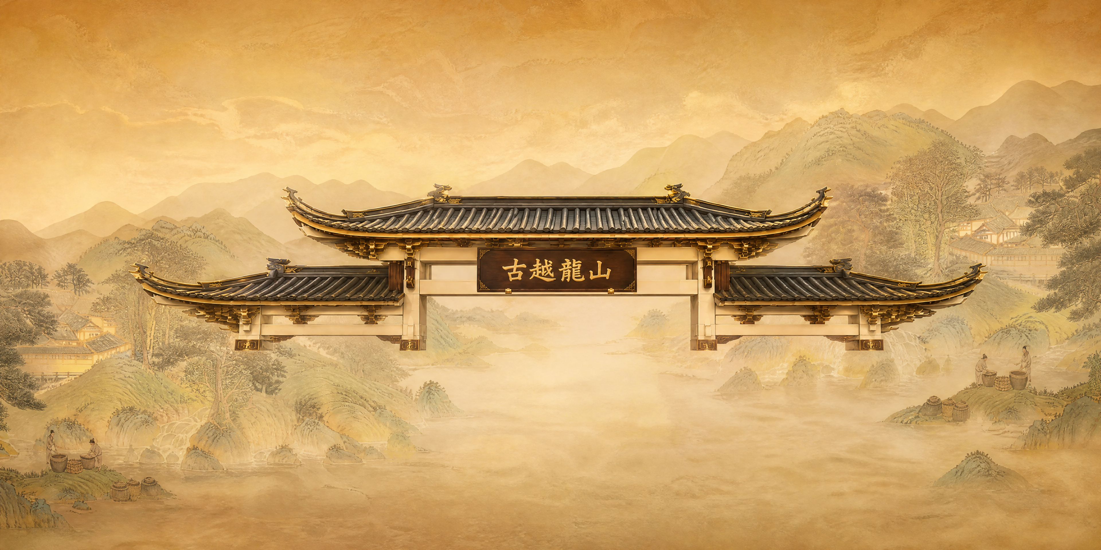 优化这张国风合成背景图，让整体更和谐完美：1、门楼和背景山水的… - 图片创意预览