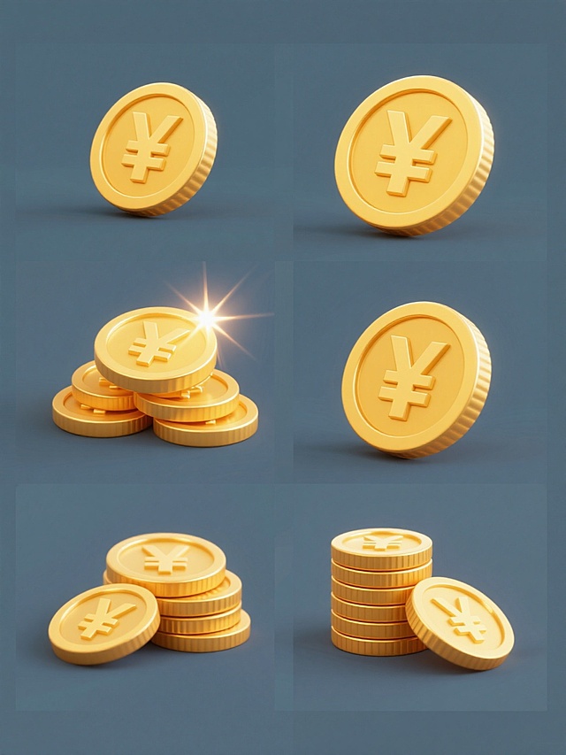 一套6张系列素材集合，保持简约现代风格，每张素材均为规整排布的单一元素图案，纯色背景，包含单个金币、一堆金币等不同展现形式的金币，金币为金黄色3D立体效果，带有光泽和高光，中央有立体感的日元符号，边缘有圆形轮廓，部分金币带有放射状光芒和闪亮效果，整体设计简洁明快，视觉层级清晰，信息传达高效。