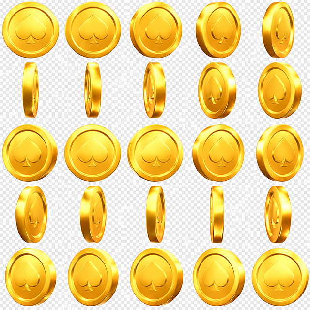 参考图中金色金币的3D卡通渲染风格，重新生成全新的金币旋转序列帧画面，保持金币为亮金色金属质感、带有黑桃心形浮雕图案、3D立体卡通风格、透明背景，生成不同角度旋转的金币组合排列，整体风格与参考图一致，金币表面有金属光泽和高光效果
