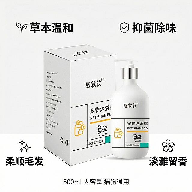 憨敦敦宠物沐浴露全卖点综合电商主图，白色高级感背景，憨敦敦沐浴露瓶身和包装盒C位展示，瓶身外观必须和原图保持一致，四周用图标加文字分点标注核心卖点：🌿 草本温和 🛡️ 抑菌除味 ✨ 柔顺毛发 🌸 淡雅留香，底部加小字“500ml 大容量 猫狗通用”，字体为无衬线体，整体信息清晰直观，视觉整洁大气，适合作为商品首图，产品主体完整不切割，文字不遮挡主体。