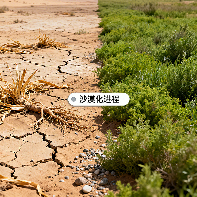土壤沙漠化科普风格插图，画面左侧是干裂贫瘠的沙漠化土地，散落着枯黄的植物根系与沙砾，右侧是对比的茂密绿色植被区域，中间有过渡带，搭配简洁易懂的标识元素标注沙漠化进程，整体风格清晰直观，适合科普展示，色彩写实有对比感，画面清晰有科普教育属性