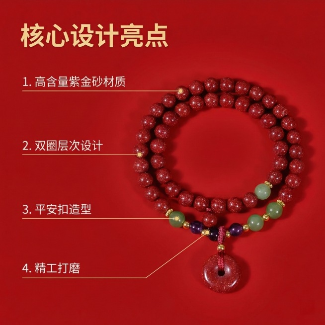 [主图 2] 紫金砂平安扣双圈手串核心亮点解析
[氛围/风格] 国风质感，清晰通透，专业展示，光影均匀
[画面元素] 保持紫金砂平安扣双圈手串整体完整居中，使用引线标注方式标注核心亮点部位，引线纤细对预览效果