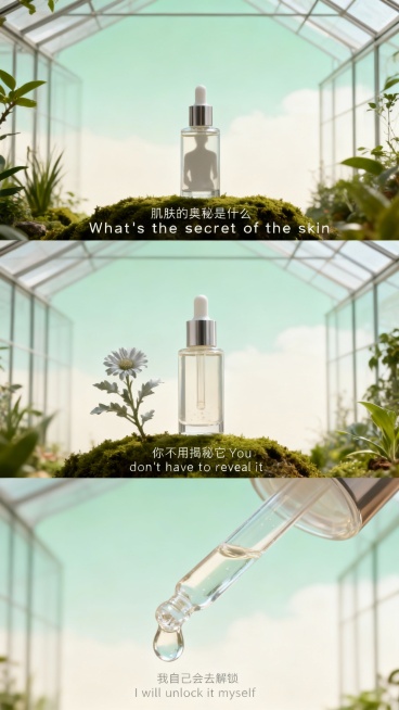 三宫格艺术感写真图，横向三宫格，场景为极简植物温室，天空呈淡绿与米白渐变，地面铺有苔藓。画面主体为透明瓶身精华液，营造成分探索与肌肤焕新氛围。最上面一张为中景，精华液置于苔藓台的 “背影” 角度（瓶身预览效果