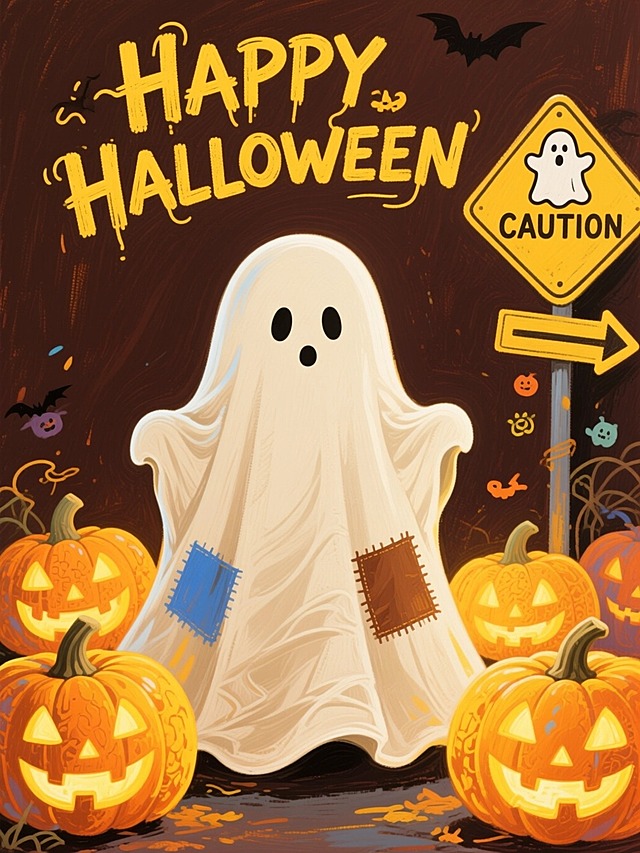 手绘油画风格，深棕色背景。主视觉是一只可爱幽灵，米白布褶皱自然、带蓝色与棕色补丁。顶部有手写风格的黄色 “HAPPY HALLOWEEN”。幽灵周围环绕着几盏表面带手绘纹理、透出暖黄光亮的黄色南瓜灯。右侧搭配带有 “CAUTION” 字样及幽灵图案的黄色警示路牌、箭头标识等小元素。