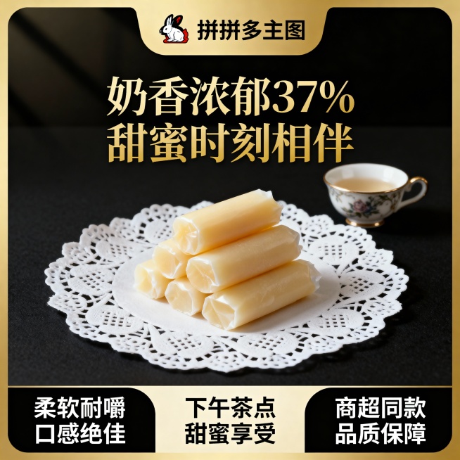 这张图片是产品主体这款产品是上海冠生园大白兔奶糖 我需要设计20张主图在拼多多上面售卖    主图场景布局可以用 等设计一个高级一些主图文案内容  甄选内蒙古黄金奶源带的优质鲜奶 奶香浓度比普通奶粉高预览效果