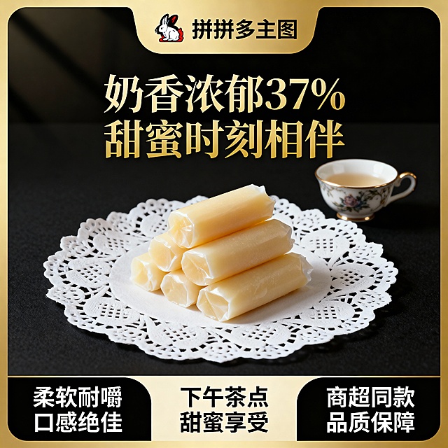 这张图片是产品主体这款产品是上海冠生园大白兔奶糖 我需要设计20张主图在拼多多上面售卖    主图场景布局可以用 等设计一个高级一些主图文案内容  甄选内蒙古黄金奶源带的优质鲜奶 奶香浓度比普通奶粉高出37%  童年记忆 经典零食 过年必备 商超同款 多种口味 奶香浓郁  奶香浓郁解馋 柔软耐嚼 优质奶源 传统工艺 过年首选