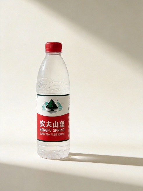 生成电商产品主图，整瓶展示农夫山泉天然饮用水，简约ins风场景，浅色调干净背景预览效果