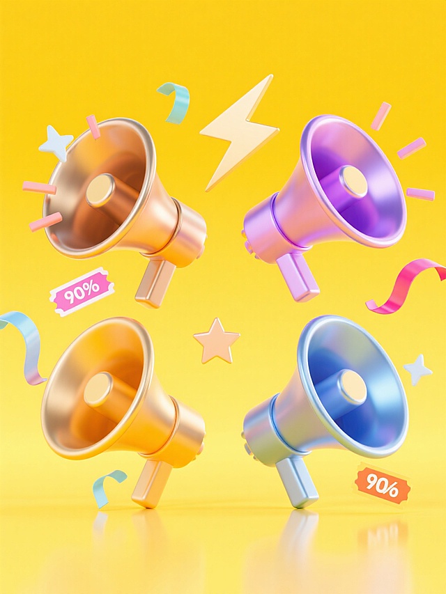 4个不同配色、不同样式、不同材质的喇叭造型，黄色背景，每个喇叭具有金属质感的渐变色彩，高光和阴影细节丰富，表面光滑有光泽，周围点缀着几何形状的闪电、星星、彩带、优惠卷装饰元素，整体构图均衡，营造出欢快、活泼的促销氛围，视觉层级清晰，信息传达高效，符合现代促销海报的设计感