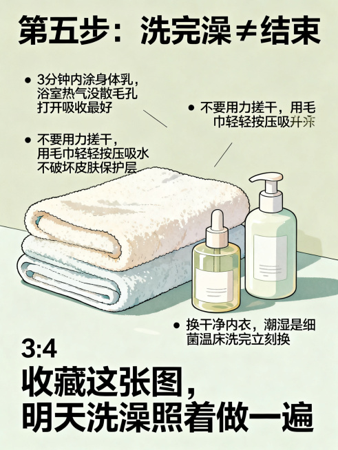 清新风格小红书图文，浅莫兰迪色系浴巾护肤品摆放场景感插画背景，顶部大标题文字"第五步：洗完澡≠结束"，内容要点：3分钟内涂身体乳，浴室热气没散毛孔打开吸收最好；不要用力搓干，用毛巾轻轻按压吸水不破坏皮预览效果