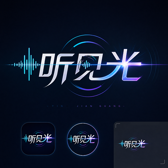 重新优化企业logo设计，基于原“听见光”三个字融合设计，加入现代时尚流行设计元素，提升设计感与时尚感，保持辨识度和记忆点，以声波波纹+光线线条结合字体融合，适合自媒体头像和视频角落，赛博科技时尚风