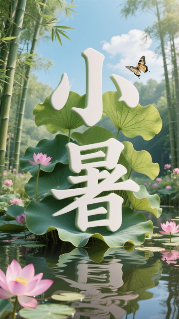 画面视觉中心为荷叶组成的“小暑”大字，宁静的池塘，幽静的竹林，荷叶，荷花，竹叶，蝴蝶，蓝天白云预览效果