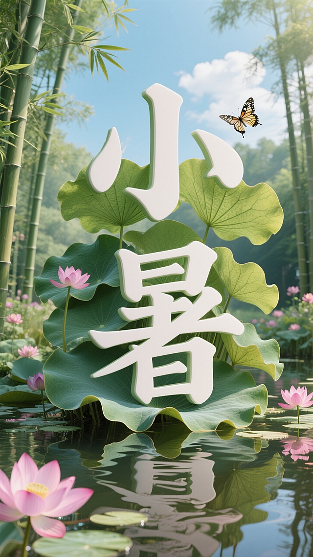 清新中式风格，3D大字“小暑”融入水墨荷塘，竹影婆娑，蝶舞花间。