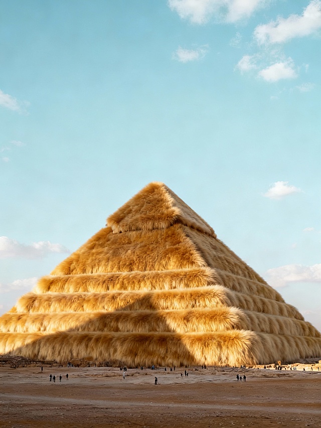 毛发生长风金字塔，重拟物质感，实景感与宽阔感交织，光影投射出神圣体积，虚拟现实中的荒漠奇景。