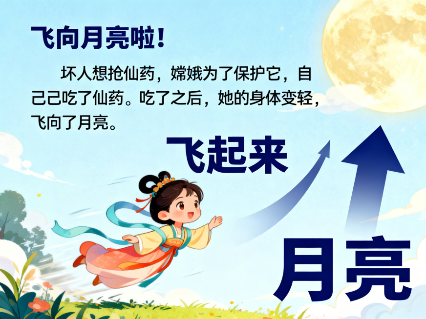 PPT情节页，标题"飞向月亮啦！"，正文内容："坏人想抢仙药，嫦娥为了保护它，自己吃了仙药。吃了之后，她的身体变轻，飞向了月亮。"，配图是卡通嫦娥慢慢飘向月亮的动态场景，添加向上箭头引导视线，词汇"飞预览效果