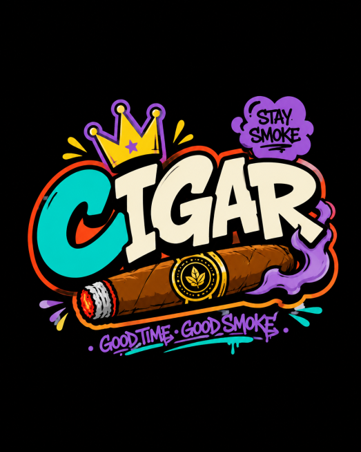 参考图片的涂鸦潮流字体logo设计风格，设计包含cigar英文字，搭配烟草雪茄相关元素，街头潮牌风格，色彩鲜艳活泼，黑色背景，调整字体排版和配色预览效果