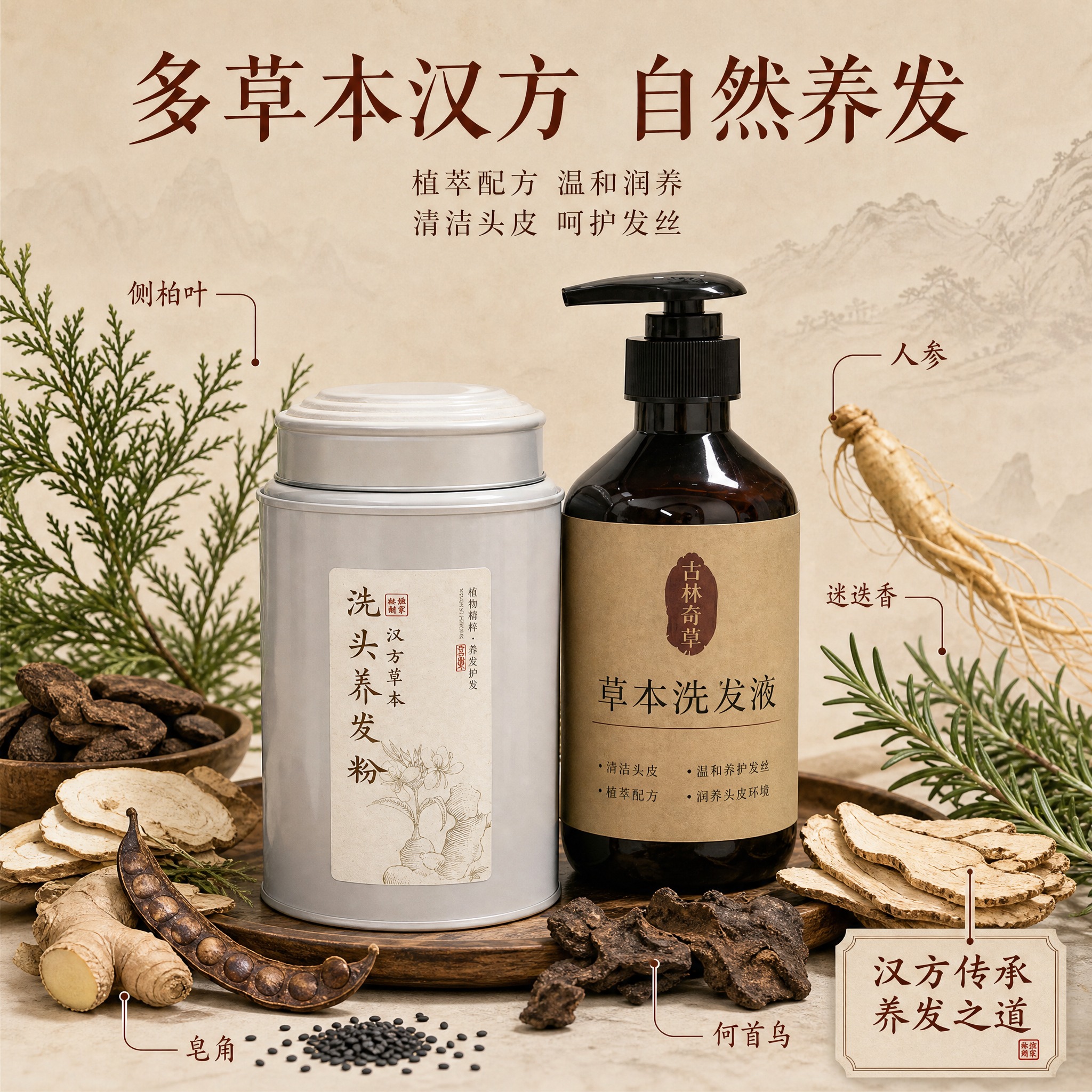 [主图-2] 核心卖点图，展示多草本汉方成分与养发功效，强调天… - 图片创意预览
