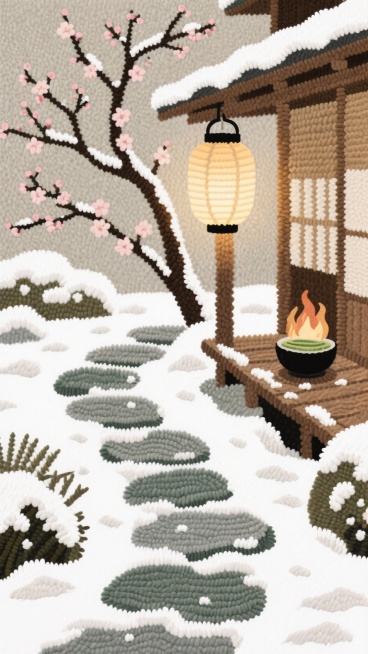 日式庭院的青石小径铺雪，石灯笼亮着暖光，梅枝斜伸，花瓣沾雪。木廊下摆着暖炉，放着抹茶碗，雪落在灯笼纸罩上，浅棕 + 雪白配色，静谧禅意的冬日氛围。预览效果