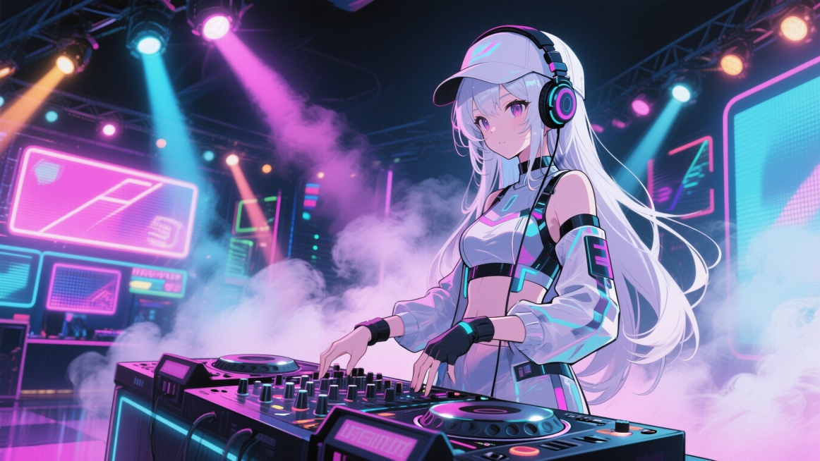 DJ站在DJ台前，夜店灯光全部亮起。霓虹灯、激光灯和LED屏幕在背景闪烁。烟雾在空气中流动，灯光扫过整个舞池。DJ的身影在霓虹灯中显得非常耀眼。整体为赛博朋克夜店风格，保留长白发、戴帽子耳机、穿未来感预览效果