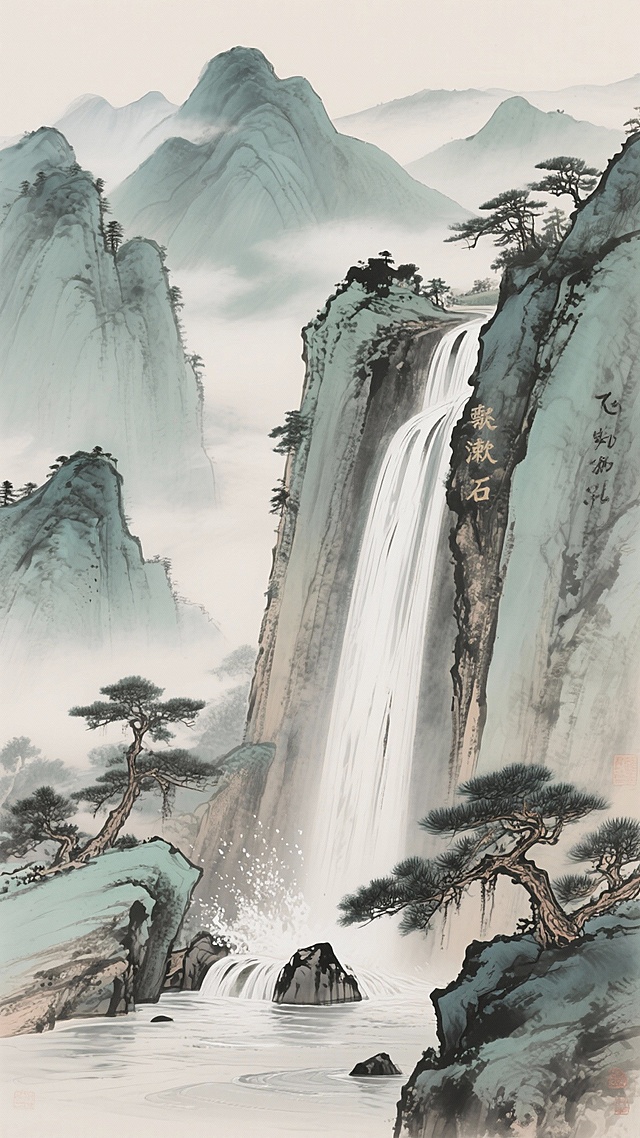 古风优美干净的描写"飞泉漱石"的山水画