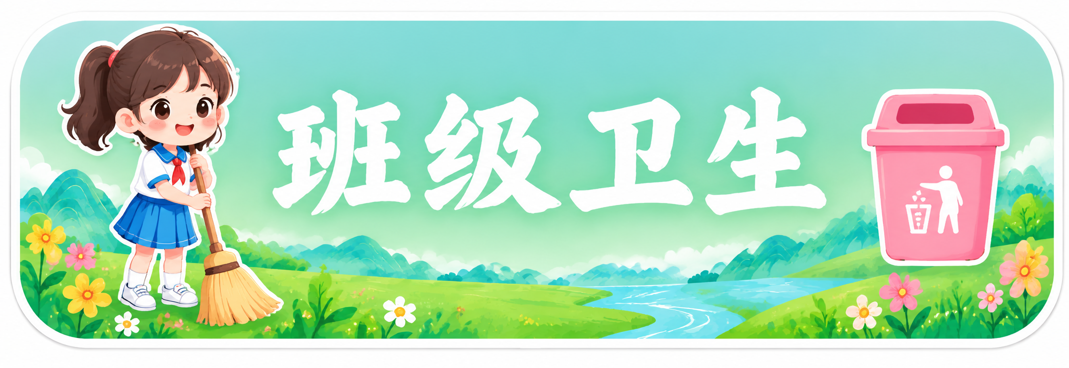 独立的卫生角标语牌，横版长方形圆角造型，浅蓝绿色渐变底色，中间… - 图片创意预览