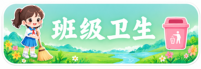 独立的卫生角标语牌，横版长方形圆角造型，浅蓝绿色渐变底色，中间横排白色文字"班级卫生"，左侧是拿扫帚的小女孩卡通人物，右侧是粉色垃圾桶图案，底部有清新的山水草地插画和小花。没有麻绳，没有串联，单独一块完整的牌子，白色边框。清新自然山水风格，卡通可爱。