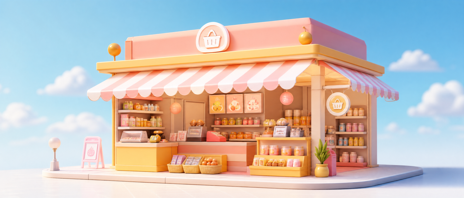 露天一层售货店位于中心，卡通，C4D渲染风格，造型简约，明亮色彩和柔和的色彩调和，呈现出3D卡通场景，分辨率高，画面干净，C4D，3d，oc，8K预览效果