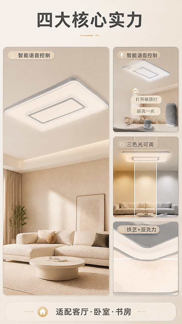 [商品] 使用【图1】M336棉纹语音吸顶灯：保留长方形灯体、浅灰铁艺窄边框、米白棉纹亚克力柔光面罩、双层环状内构、圆润四角；全套多页保持同一结构与颜色，不改变比例与材质；不新增商品本体文字或Logo。
[画面] 竖版卖点总览页：左侧一张大卡片放吸顶灯正视全貌，右侧纵向三张小卡片分别放语音交互示意、三色光色片、铁艺边框与棉纹面罩微距局部；卡片自左上向右下排布，形成菱格阅读动线；顶部为标题区，底部收一条参数短条。产品占画面约65%，信息区块清晰不压主体。
[视觉] 套系策略：风格=现代简约家居照明商业摄影；标题字=现代无衬线粗体（思源黑体Bold）；正文字=简洁无衬线（思源黑体Regular）；主色=暖米白；背景延展=基于暖米白做深浅层级、同色渐变与细腻棉纹/亚麻质感；强调色=暖金光，仅用于小面积图标、引线、标签与局部光效；标题色=深炭灰；正文色=中暖灰；组件=圆角浅底信息卡、细线引线、小圆点；光影=顶部柔光叠加灯体自身发光形成的柔光晕与吊顶漫反射。
[文字] 顶部横向主标题“四大核心实力”，大卡片标签“智能语音控制”，三张小卡横向标签“三色光可调”“320W高亮”“铁艺+亚克力”，底部短条“适配客厅·卧室·书房”；全部横排、字号分层、手机端可读，不遮挡灯体主体。
[规格] 图片比例9:16竖版，4K，避免变形、错字、文字过小、竖排或斜排文字、水印、平台Logo角标、白底同尺寸icon宫格、产品结构改变、冷蓝成为背景主色。